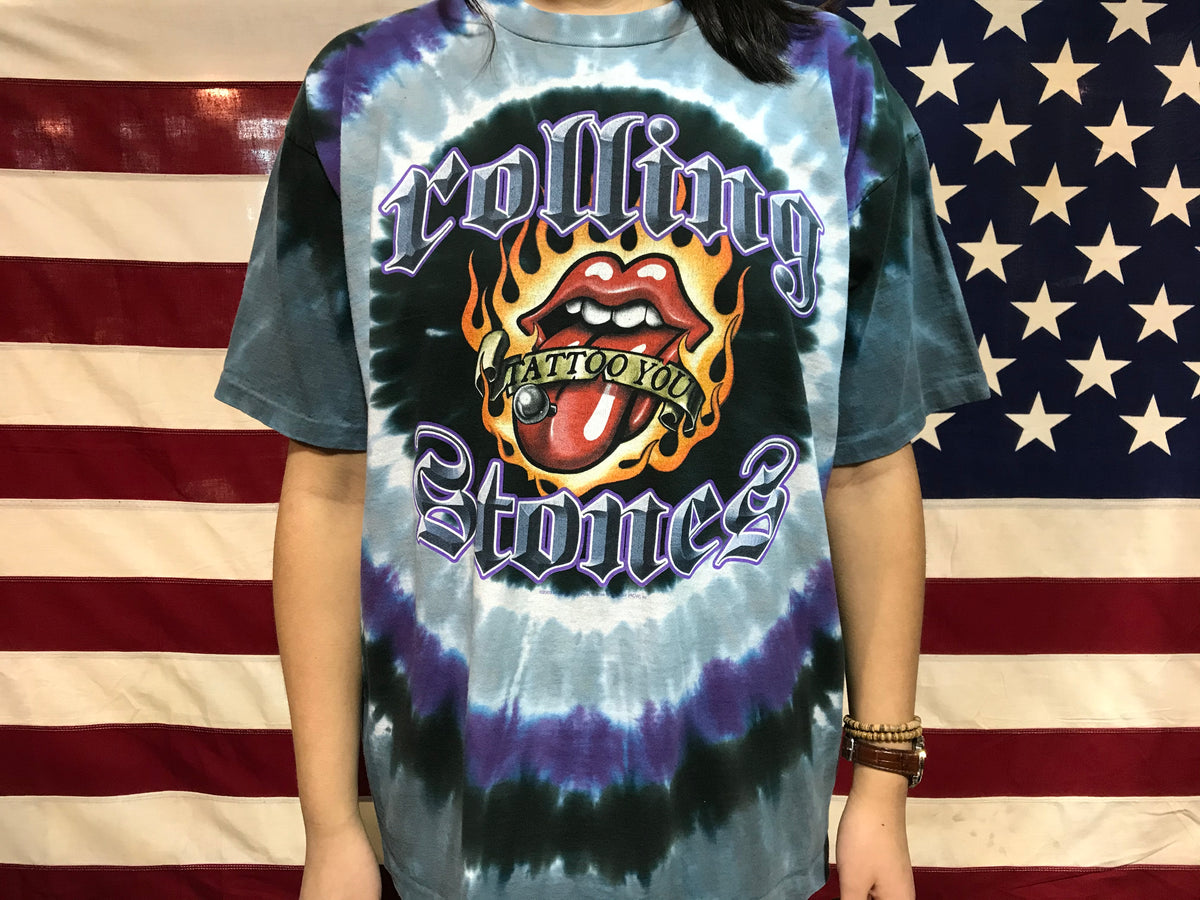 Vintage Rolling Stones Fractal Tongue Shirt - Liquid factory Blue Tie Dye - 1994