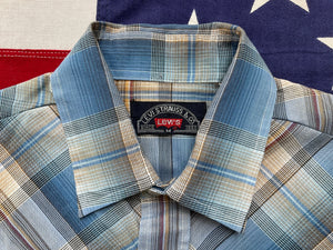 LEVI’S Vintage BIG E Mens Western Shirt Blue Check with Pearl Snaps MEDIUM