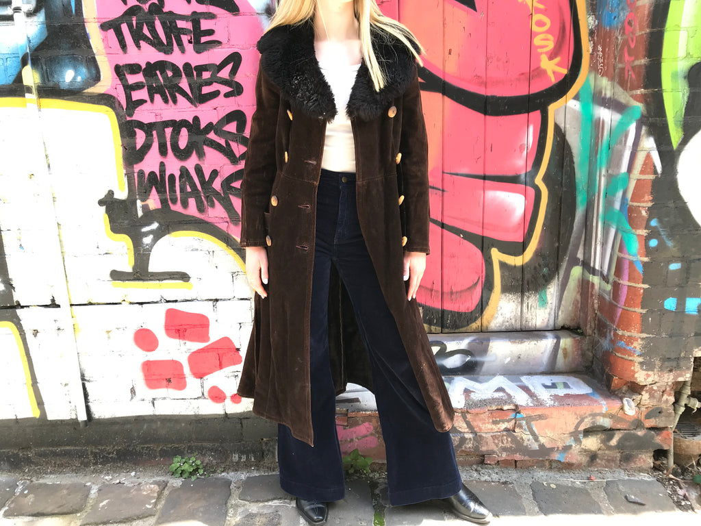 Vintage 1970’s Brown Suede/Faux Fur Double Breasted Coat Made In USA - XS