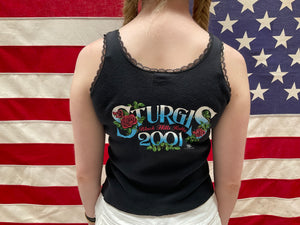 Womens Vintage 2001 Sturgis Black Tank Top with Lace Trim by Ragtops Made in USA