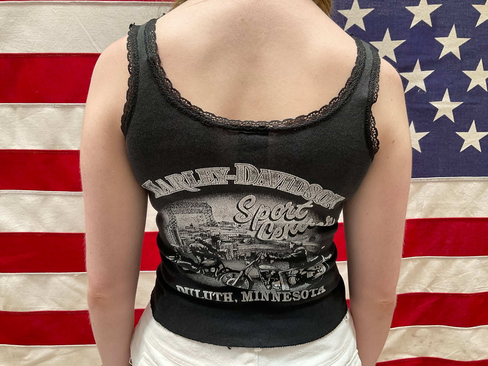 Harley Davidson Womens Vintage 1980s Black Rib Tank Top with Lace