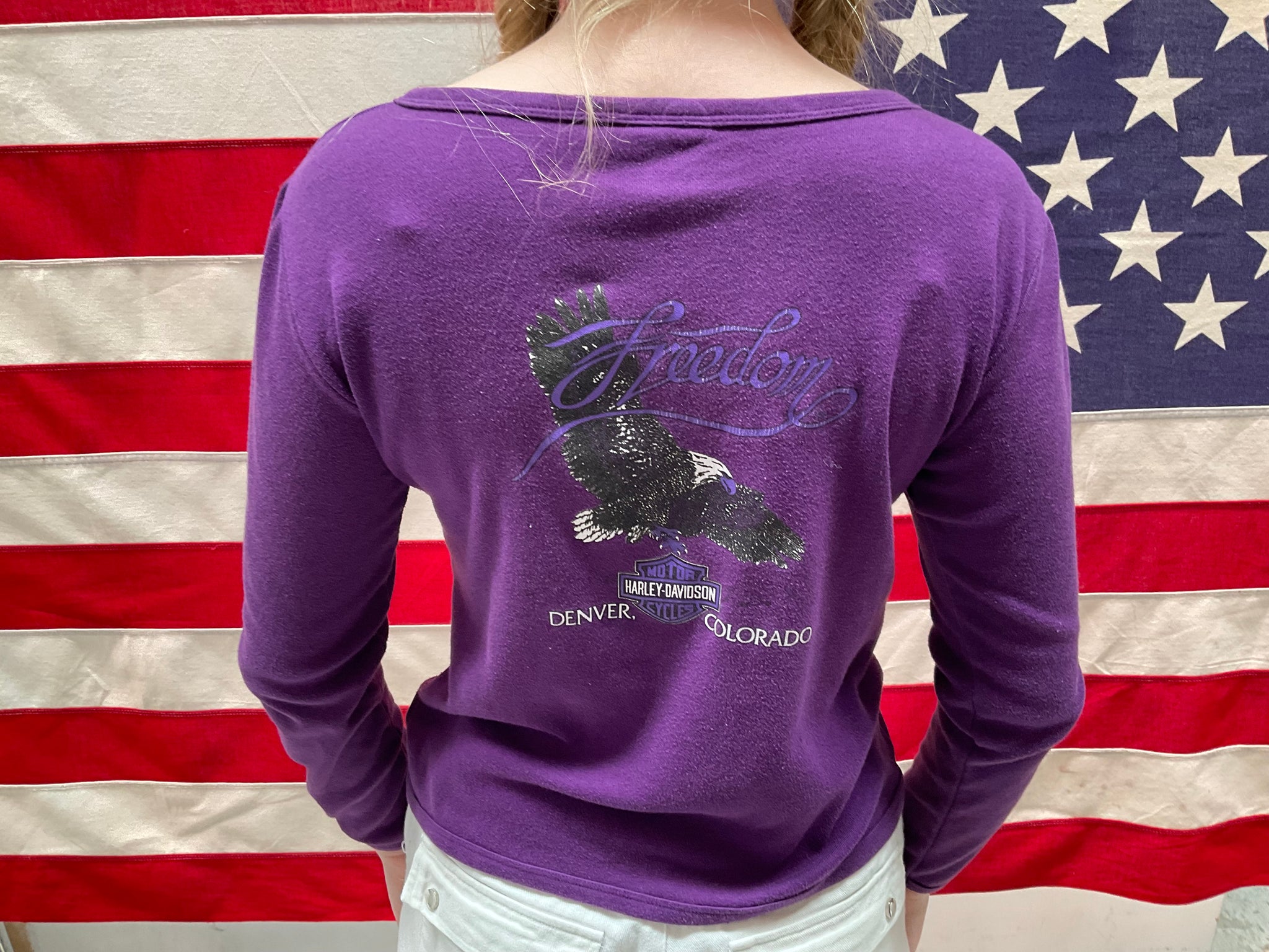 Harley Davidson Womens Vintage 1980s Purple Long Sleeve Stud Front T-Shirt Made in  USA