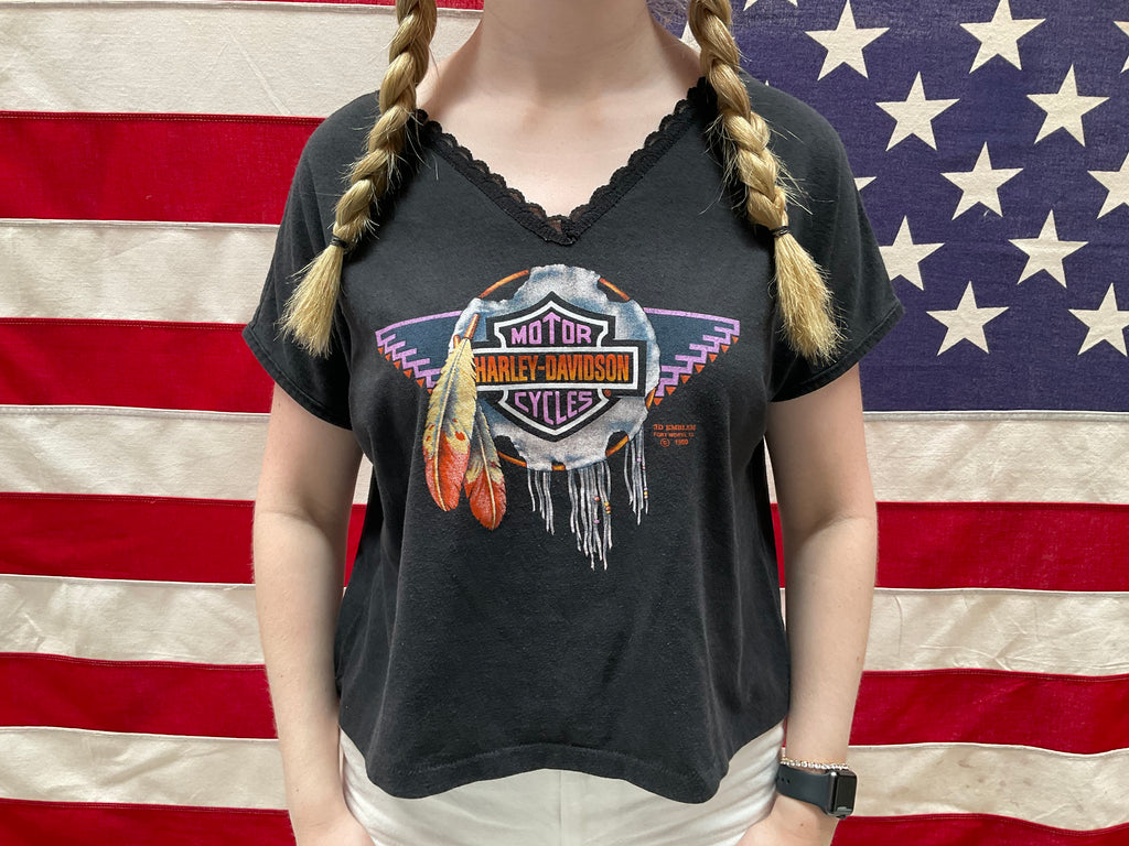 Harley Davidson Womens Vintage 1990s Black V-Neck Lace Trim T-Shirt 3D Emblem  Made in USA