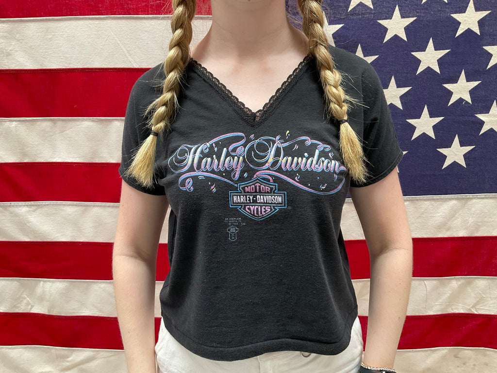 Harley Davidson Womens Vintage 1980s  Black V-Neck Lace Trim T-Shirt 3D Emblem  Made in USA