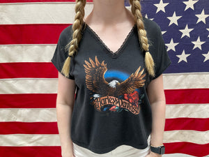 Harley Davidson Womens Vintage 1980s Black V-Neck Lace Trim T-Shirt 3D Emblem  Made in USA