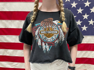 Harley Davidson Womens Vintage Black Oversized Crop T-Shirt Eagle Front Print