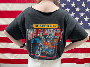Harley Davidson Womens Vintage Black Oversized Crop T-Shirt Eagle Front Print