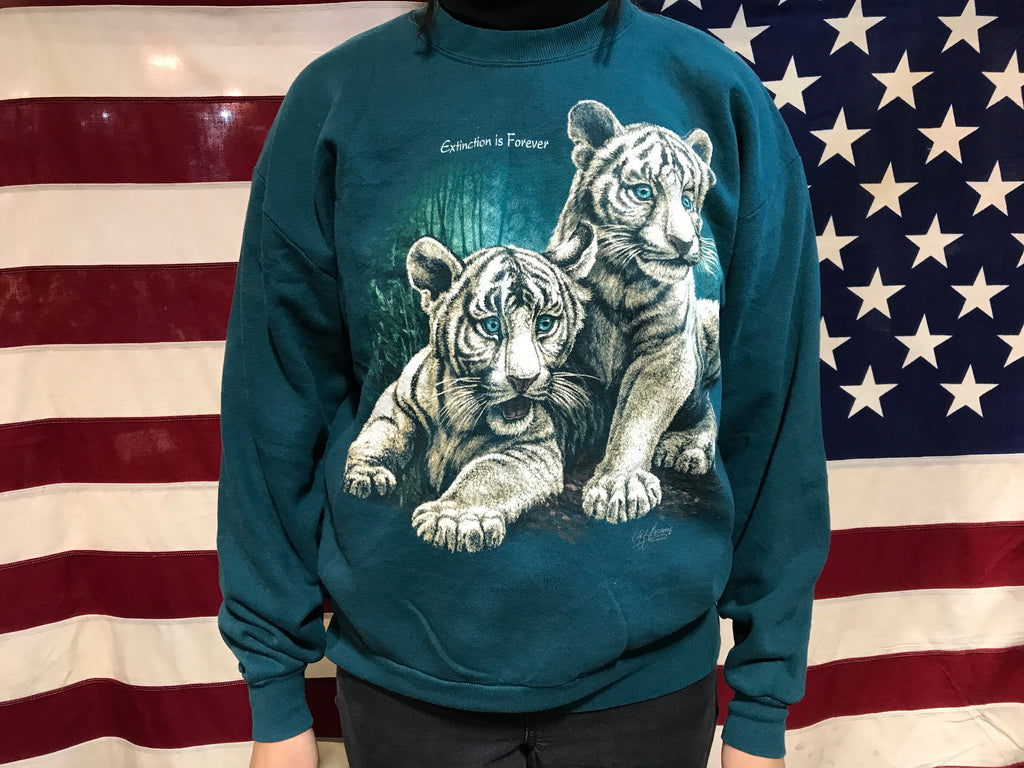 White Tigers Extinction is Forever  90’s Vintage Animal Print Crew Sweat by Jerzees