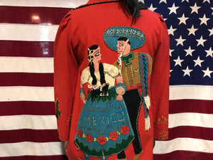 Mexican Vintage 1940’s -1950’s Embroidered Wool Souvenir Jacket Red Size XS Made in Mexico