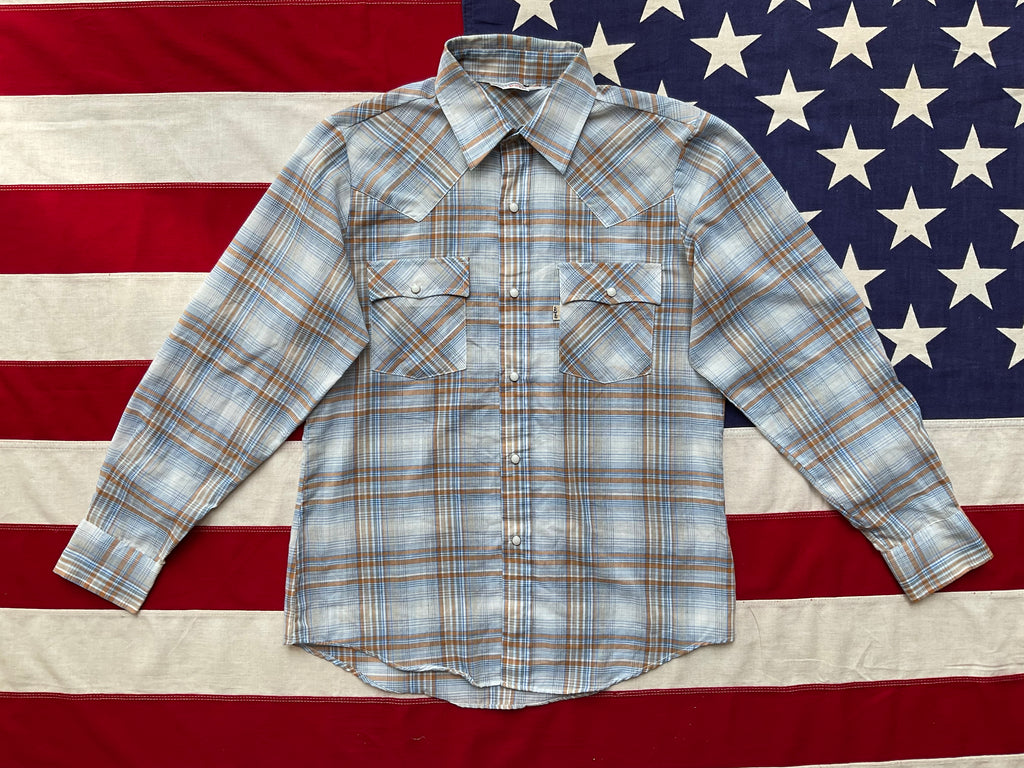 LEVI’S Vintage BIG E Mens Western Shirt Blue-Tan Check with Pearl Snaps.