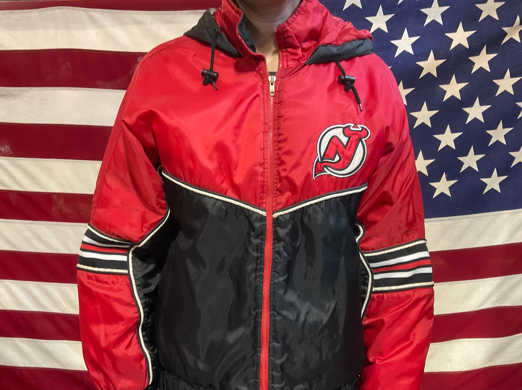NHL New Jersey Devils Ice Hockey Hooded Vintage 90’s Mens Nylon Sporting Jacket by Fans Gear®️