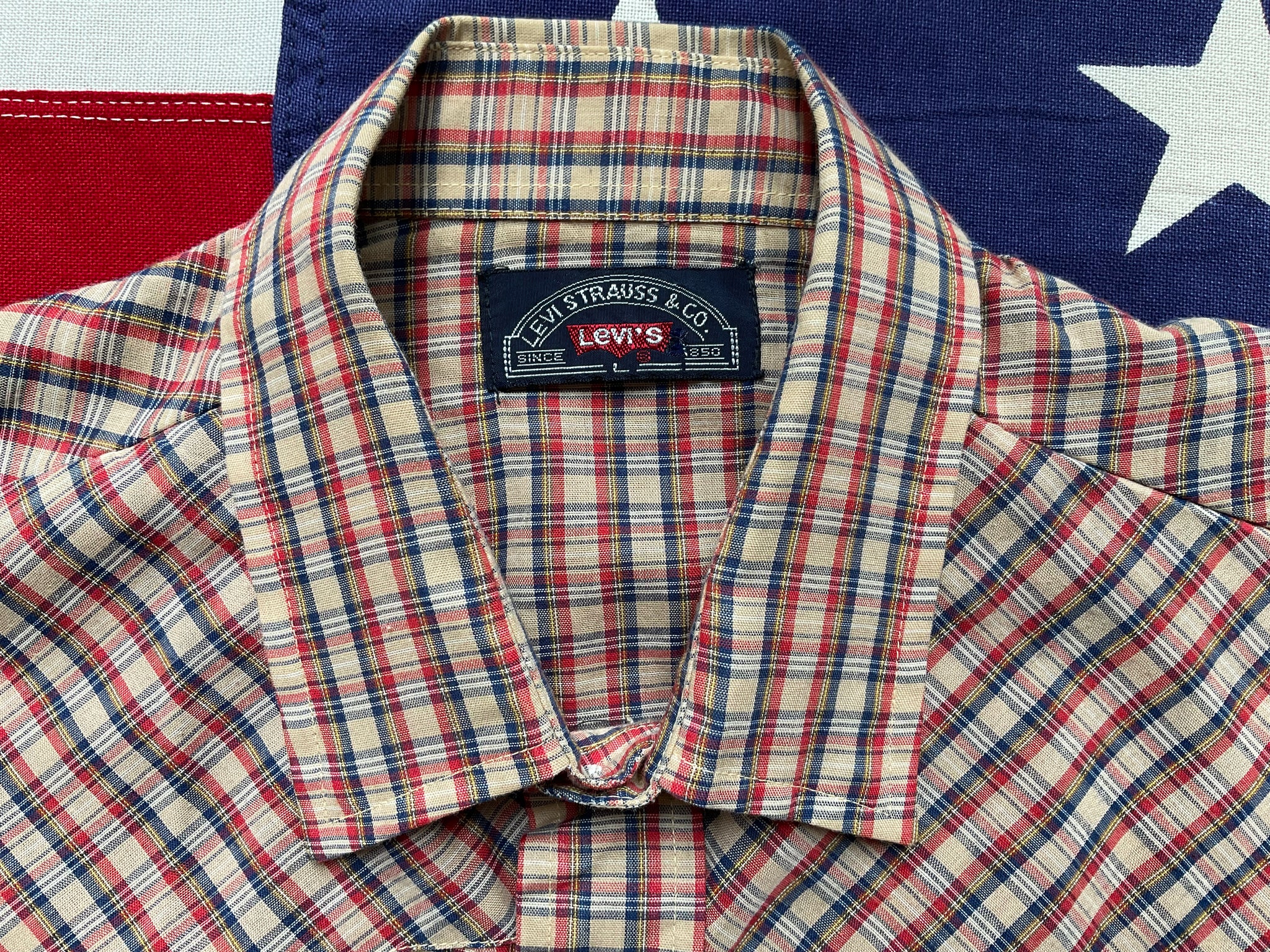 LEVI’S Vintage BIG E Mens Western Shirt Navy-Red Check with Pearl Snaps.