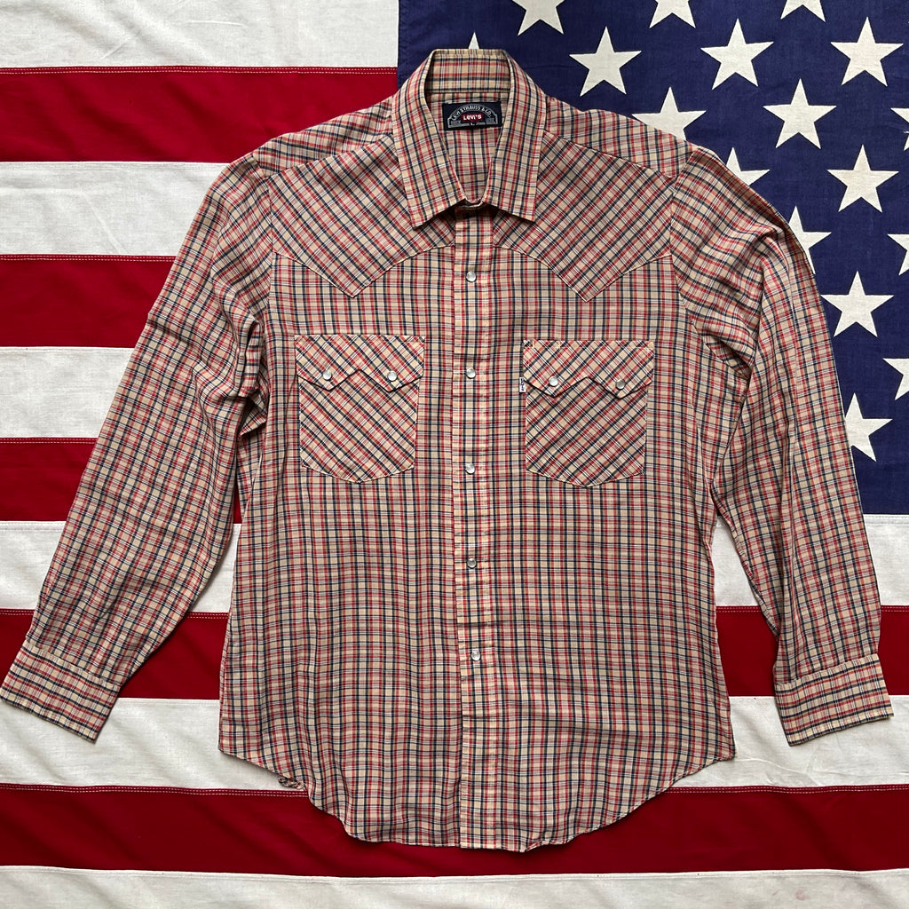 LEVI’S Vintage BIG E Mens Western Shirt Navy-Red Check with Pearl Snaps.