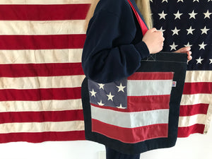 USA Flag & Vintage Denim Shoulder Tote Bag Made in USA