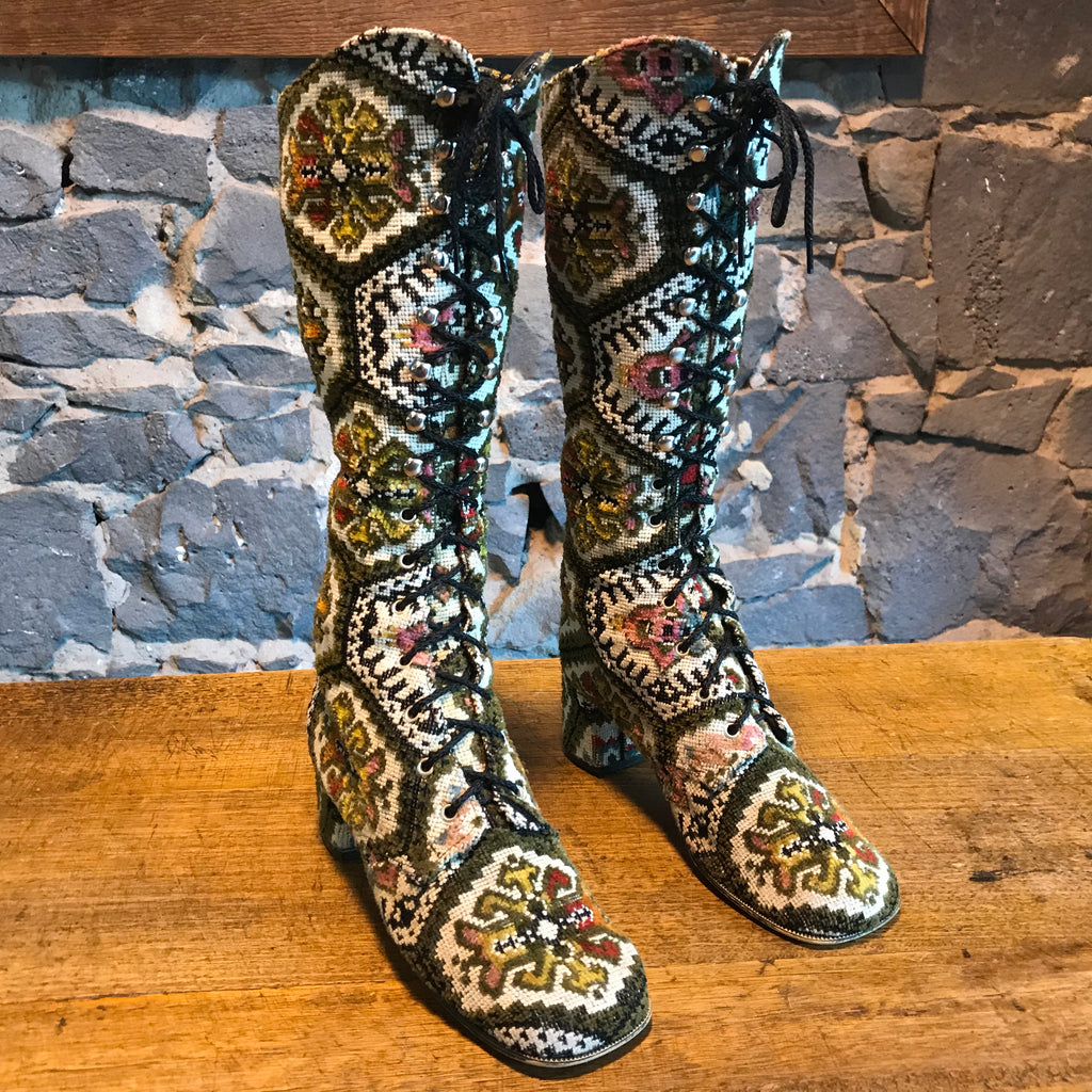 Tapestry Vintage 60/70’s Women’s High Lace Up Front Boots by Pacific Melody