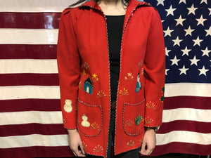Mexican Vintage 1940’s -1950’s Embroidered Wool Souvenir Jacket Red Size XS Made in Mexico