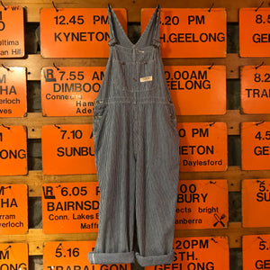 Big Mac Workwear Railroad/ Hickory Stripe  Denim 90’s Vintage Mens Blue Denim Long Overalls