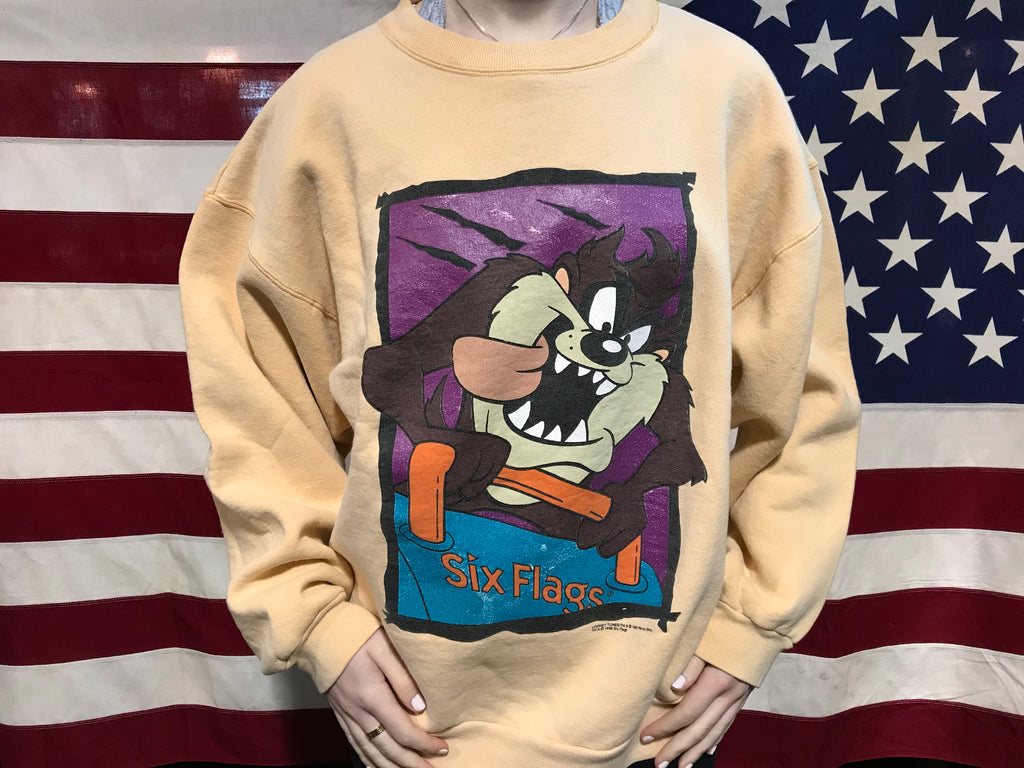 Looney Tunes Taz 1996 Vintage Crew Sweat by Warner Bros & Six Flags Theme Parks Made In USA