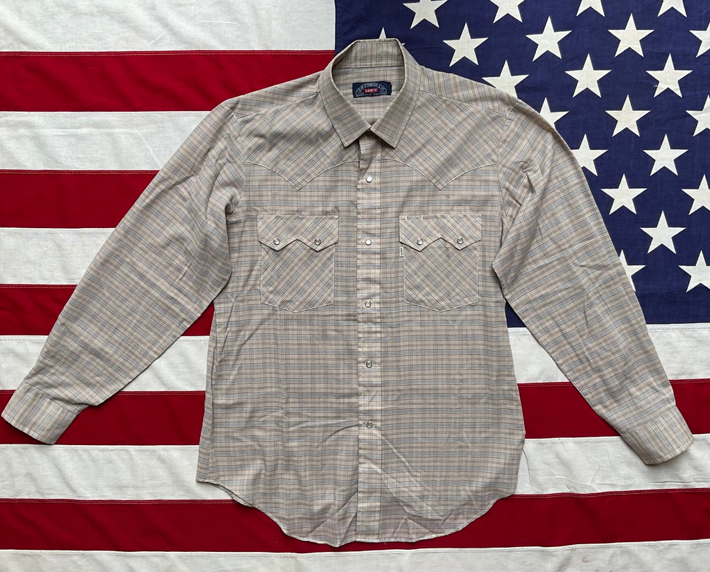 LEVI’S Vintage BIG E Mens Western Shirt Beige-Blue Check with Pearl Snaps.