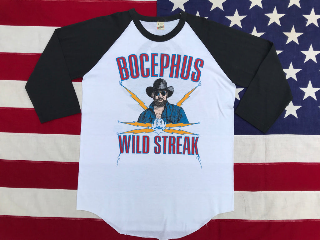 Hank Williams 1988 “ Bocephus Wild Streak Tour ‘88 “ Original Vintage Rock Raglan 3/4 Sleeve T-Shirt by Screen Stars Made In USA