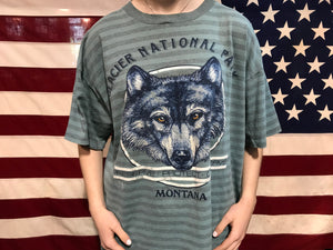 Animal Print 90’s Vintage T-shirt “ Wolf “ Design Glacier National Park - Montana Made in USA by Miller